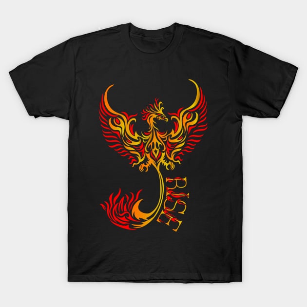 Rise up like a Phoenix from the ashes. Gold and Red Phoenix in a Tribal / Tattoo Art style T-Shirt by Designs by Darrin